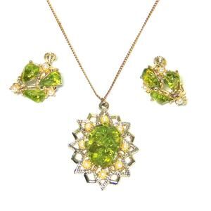 Green Glass Earrings Necklace Set Faux Pearl Screw Back Pendant Demi Parure Vtg